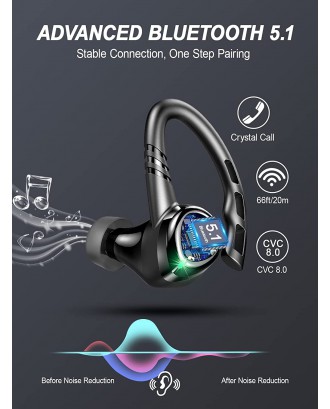 Wireless Earbud, Bluetooth Headphones 5.1 Sport Unique Earhooks, Wireless Earphones in Ear Noise Cancelling Mic Stereo Bass, 35H Playtime IPX7 Waterproof Headset for Workout Running Gym Android iOS